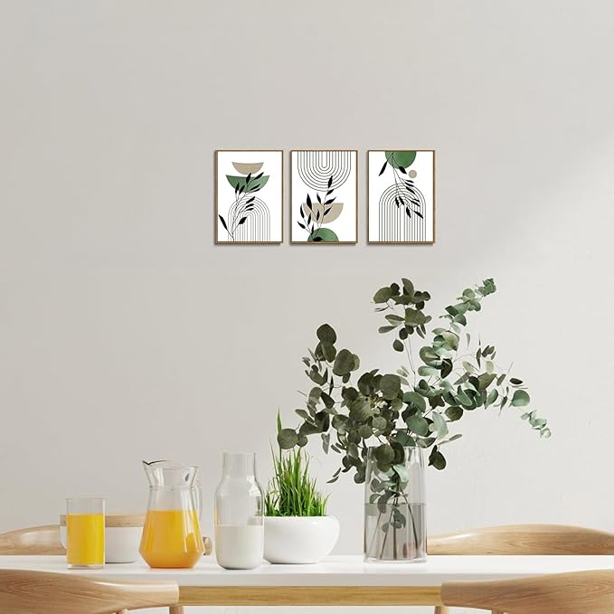 Bwodke Boho Wall Art, Framed Abstract Wall Art, Line Plants Leaf Canvas Wall Decor, Mid Century Sage Green Geometric Pictures Set of 3, Minimalist Paintings, for Bedroom Living Room Bathroom 12"x16"