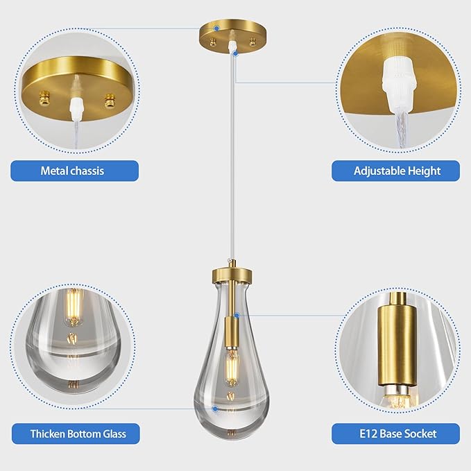 Raindrop Pendant Lights Kitchen Island Set of 3 Teardrop Gold Hanging Light Fixtures Clear Solid Glass Pendant Light Modern Chandeliers for Dining Room Porch Corridor Living Room…