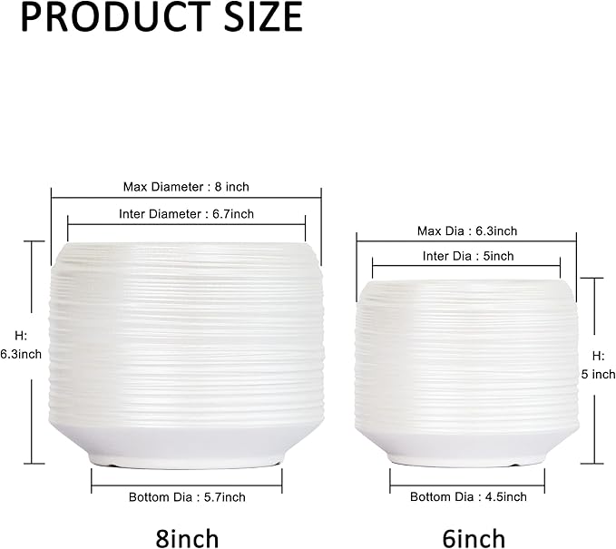 8 Inch + 6 Inch Ceramic Plant Pots Indoor with Drainage – Flower Pot Set, Decorative Indoor Planters for House Plants and Garden Use