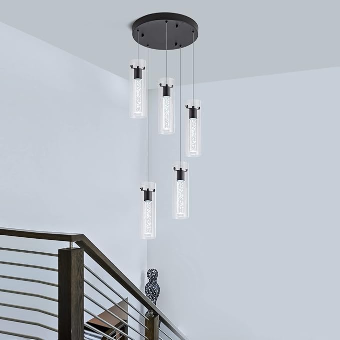 LED Pendant Lighting, Black 5-Light Pendant Light Over Island, Kitchen Island Pendant Lights for Dining Room, Living Room, Corridor, Cafe, Club, Restaurant