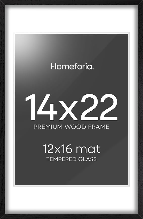 Homeforia 14x22 Frame Black Wood, High End Oak 14x22 Picture Frames with Mat 12x16 Photo, 14 x 22 Wooden Poster Frame Matted to 12 by 16 Print, 22x14 Hanging Frames, Tempered Glass, Wall Kit, Set of 1