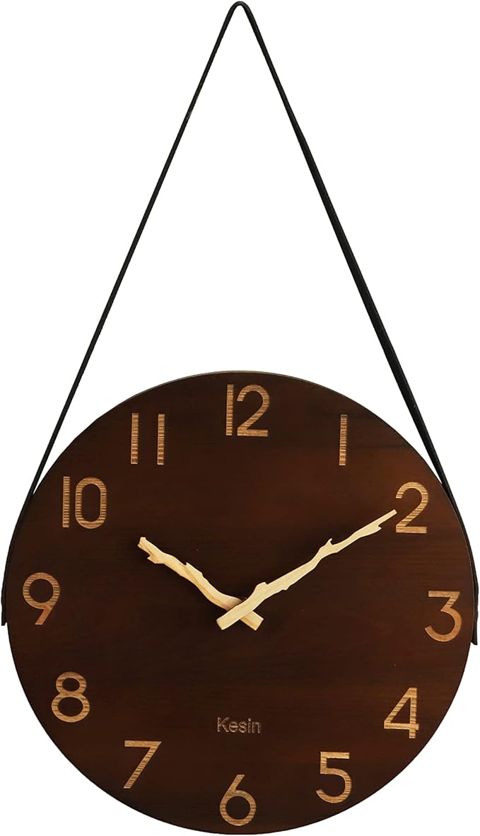 Kesin Wall Clock 10 Inch Silent Wooden Wall Clock Battery Operated Hand Made Retro Fashion Clock with Rope Hanging Decorative for Living Room,Kitchen,Bedroom,Office