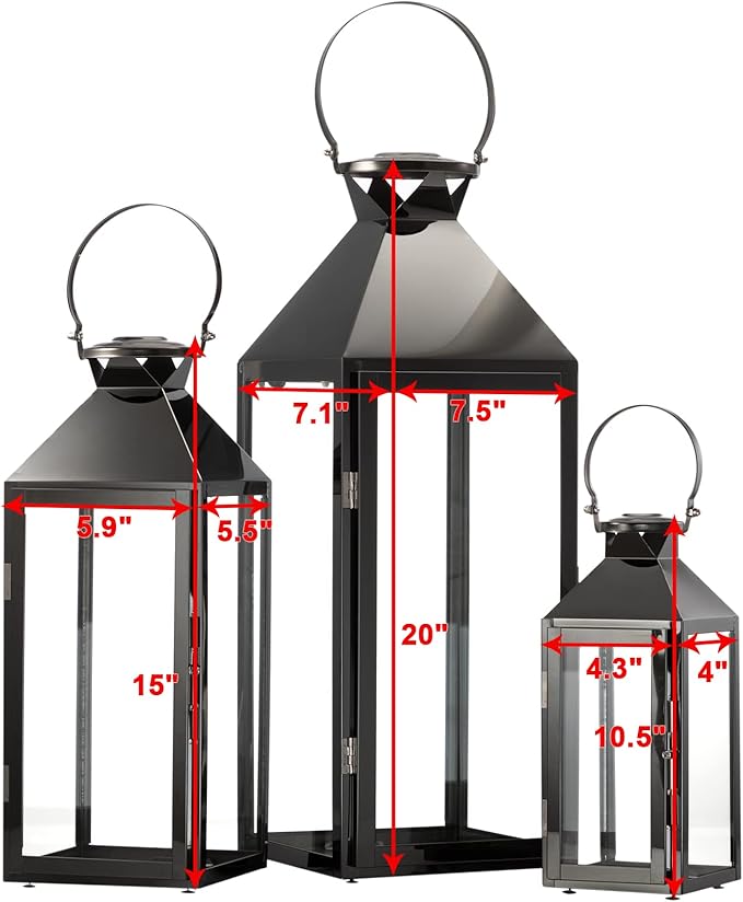 MATICO Stainless Decorative Pinnacle Candle Lantern Set of 3, Hanging Decor Hurricane Lantern Candle Holder for Festival Ceremony Home Decor, Both Indoor & Outdoor Use, Black