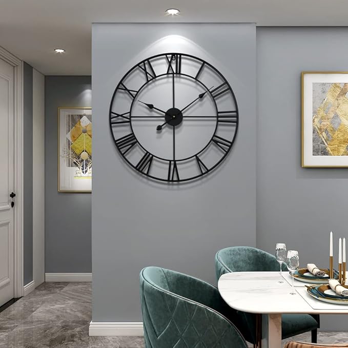 LEIKE Large Wall Clock, 24" Completely Silent, Non Ticking, Battery-Operated,Rustic Round Modern Metal Wall Clock Decor for Living Room, Bedroom and Kitchen, (60cm, Black-Roman Number)