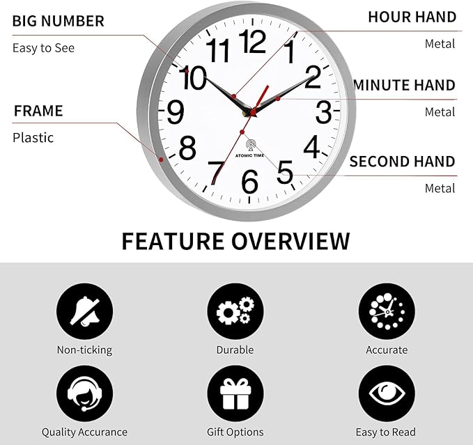 Atomic Wall Clock Modern 14 Inch Battery Operated Silent Non Ticking Analog Clock Decorative for Bedroom Kitchen Bathroom Office Home Living Room (Silver)