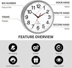 Atomic Wall Clock Modern 14 Inch Battery Operated Silent Non Ticking Analog Clock Decorative for Bedroom Kitchen Bathroom Office Home Living Room (Silver)