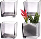 Square Flower Vases Set of 4, 3"x 3"x 3" Glass Vases for Centerpieces, Grey Vase for Flowers, Small Vase for Wedding, Party, Home Office Decoration