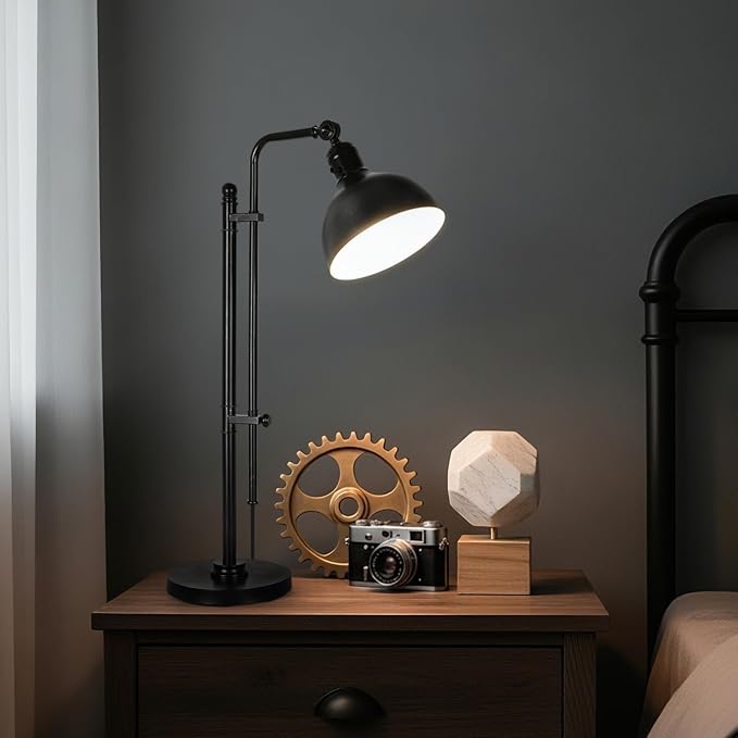 PARTPHONER Industrial Adjustable Desk Lamp for Home Office, Farmhouse Table lamp, Rustic Metal Task Desk Lamp in Aged Bronze Finish, Vintage Reading Lamp for Study Room, Black