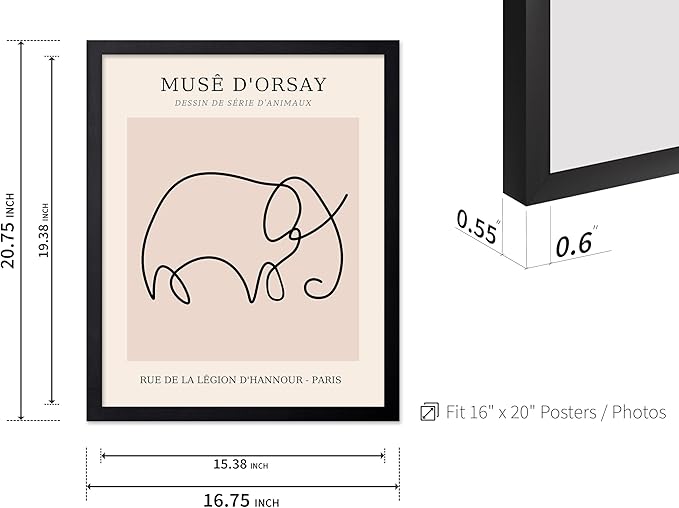 Poster Master Vintage Poster - Retro One Line Elephant Drawing Print - Elephant Art - Minimal Gift for Men, Women, Animal Lover - Abstract Wall Decor for Home, Office, 16x20 Black Framed
