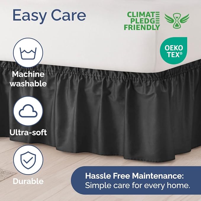 Wrap Around Dust Ruffle Bed Skirt - Black - for King Size Beds with 15 Inch Drop - Easy Fit Elastic Strap - Adjustable Pleated Bedskirt w/Brushed Fabric - Wrinkle Free - for Women, Men, Kids & Teens