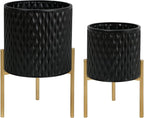 ARNIS Plants Pots with Stand, Set of 2 Planters, Unique Mid Century Decorative Metal Flower Pots with Drainage, 8.25 & 10.5 Inch, Black
