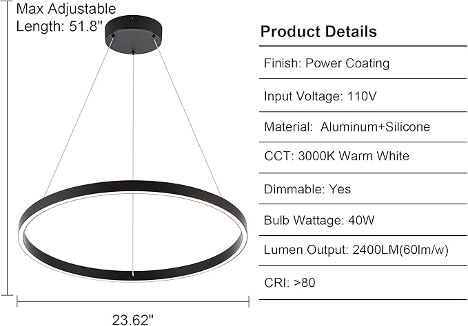 Modern Led Chandelier, 1 Ring Contemporary Led Chandelier Circular Pendant Light, Black Dimmable Hanging Ceiling Light Fixture for Living Room Dining Room Bedroom Kitchen