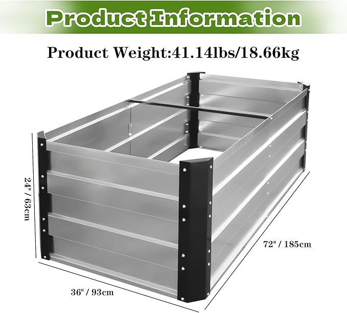 Galvanized Raised Garden Bed 6x3x2 Ft Outdoor Garden Planter Boxes Bottomless for Vegetables, Flowers, Herbs and Succulents Large Metal Raised Garden Bed (Sliver, 72''W×24''H×36''D)