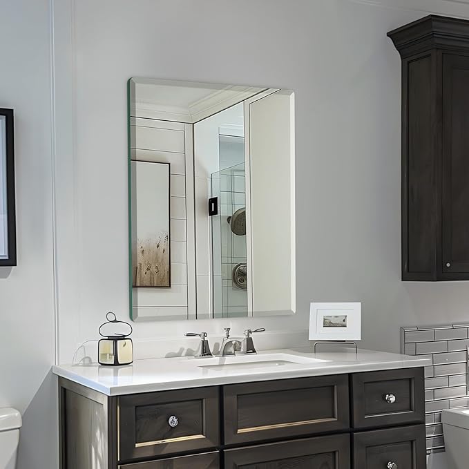 Mirrorons Beveled Mirror, Wall Mirror 24" x 32", Frameless Rectangle Bathroom Mirror with Beveled Edge, Hangs Horizontally or Vertically. Rounded Corner Tempered