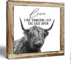 Funny Wood Sign, Cow Decor, Wooden Plaques Sign Table Decoration, Farmhouse Decorate for Shelf, Country Style Home Decor, Inspirational Decorate Signs, Live Like Someone Left the Gate Open Signs