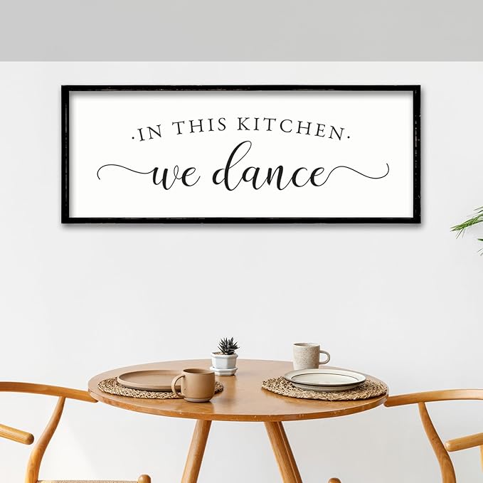 ZZJJHYWGQ In This Kitchen We Dance Sign Wall Decor 32"×12" Farmhouse Funny Kitchen dining room Signs Horizontal Wooden Framed hanging Art (Black)