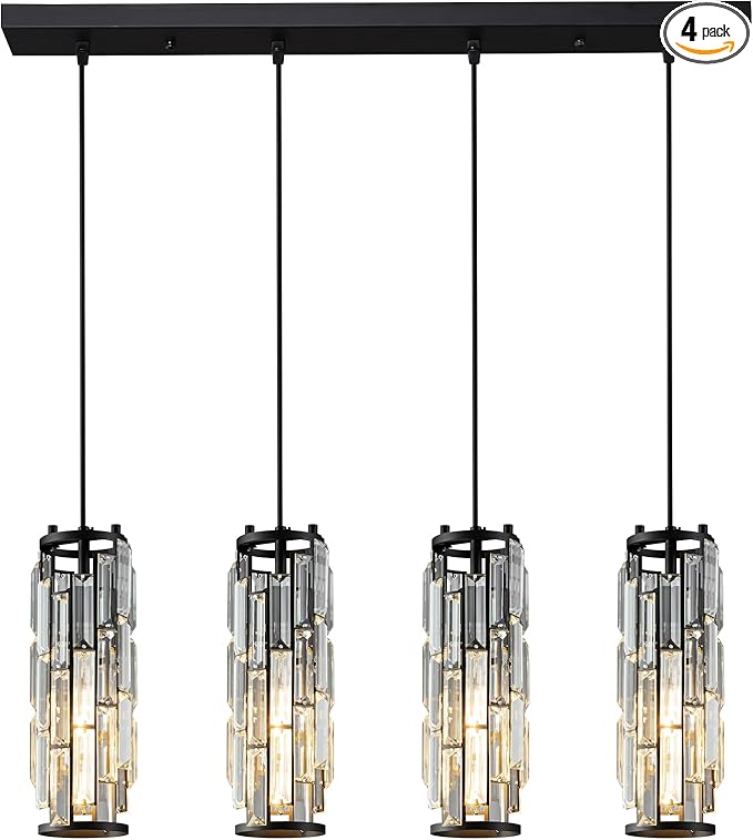LMQNINE 4 Light Black Pendant Lighting Modern Pendant Light, Mini Crystal Chandeliers,Adjustable Pendant Light Fixture for Kitchen Island Dinning Room Bedroom (Black 4-Light)