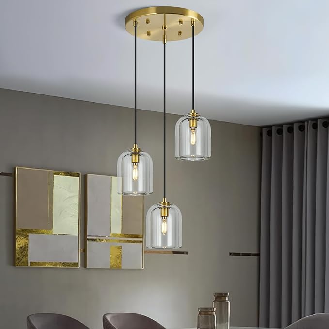 Modern Gold Pendant Lights Kitchen Island Ceiling Chandelier Indoor Crystal Hanging Light Fixtures for Dining Room Kitchen Living Room Bedroom（3Light）