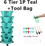 Vertical Planter, 6 Tier Stackable Strawberry Planter with Garden Tool Set, Movable Indoor/Outdoor Garden Herb Pot for Growing Vegetables and Succulents, Teal