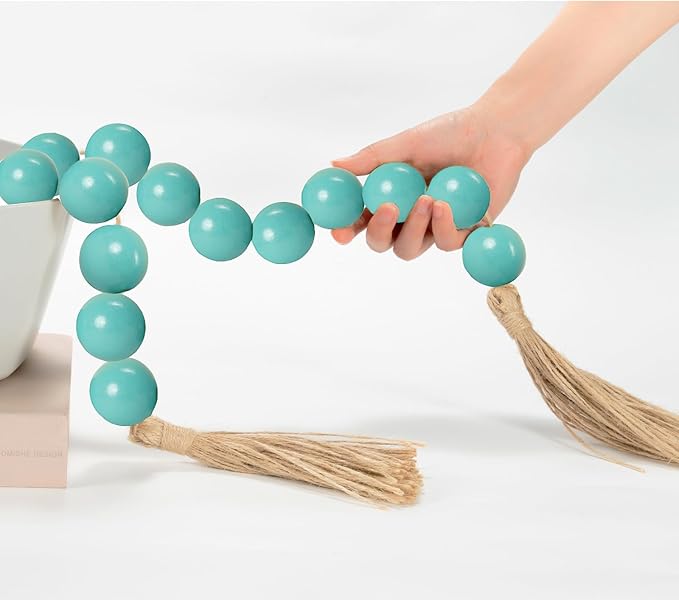 OMISHE 60" Long Extra Large Wood Bead Garland Aqua Teal with 1.6" Diameter Wooden Beads and Tassels, Rustic Farmhouse Country Decorative Beads for Home Decor, Aqua Teal