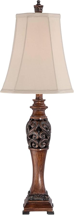 Regency Hill Exeter Traditional Style Table Lamps 30" Tall Full Size Set of 2 Bronze Wood Carved Leaf Creme Rectangular Bell Shade Decor for Living Room Bedroom House Bedside Nightstand Office