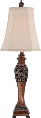 Regency Hill Exeter Traditional Style Table Lamps 30" Tall Full Size Set of 2 Bronze Wood Carved Leaf Creme Rectangular Bell Shade Decor for Living Room Bedroom House Bedside Nightstand Office