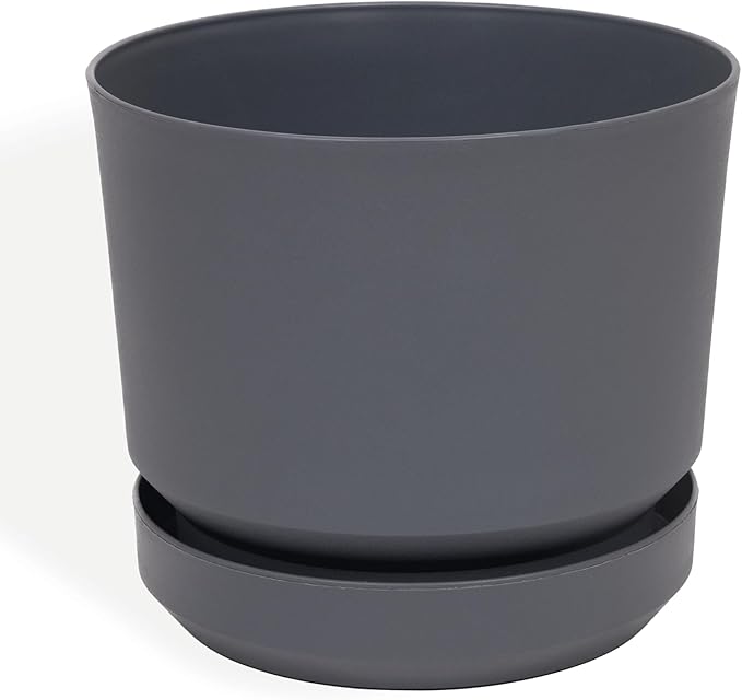 Elly Décor 10 inch Plastic Cylinder Planter Pot with Self-Watering Saucer and Drainage Hole,Lightweight & Extremely Durable, 10"x 10", Light Gray