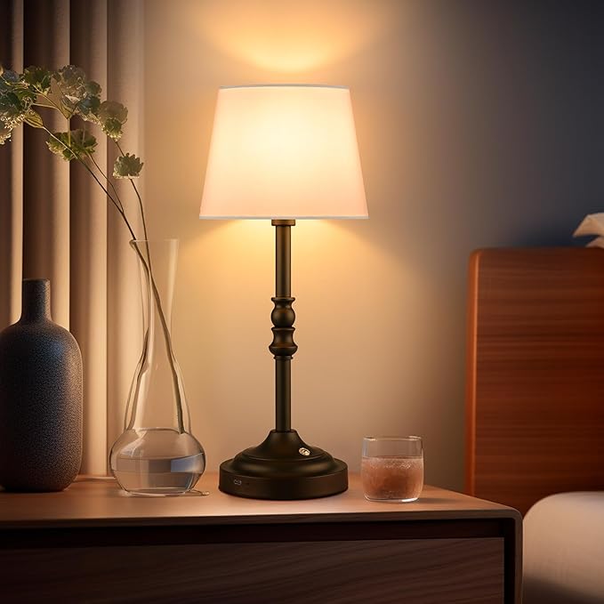 GGOYING Set of 2 Rechargeable Cordless LED Table Lamps, 4-Level Dimmer, Black Portable Desk Lamps with White Fabric Shades, Night Light for Dining, Bedroom and Patio