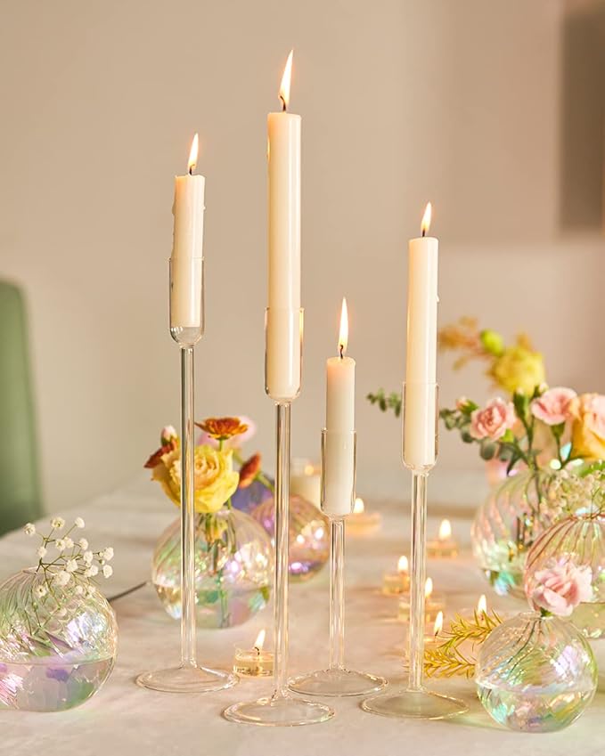 Candle Holder, Glass Taper Candle Tall Candlestick Holder, 4 Different Heights, for Table Centerpiece, Wedding, Party, Clear, 4pcs