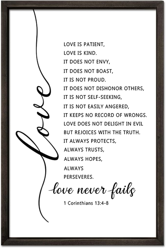 FZMHASLWW Love Is Patient Kind Wall Decor 24"×16" Love Never Fails 1 Corinthians 13 Bible Verse Sign Large Wood Framed Wall Hanging Art (Black)