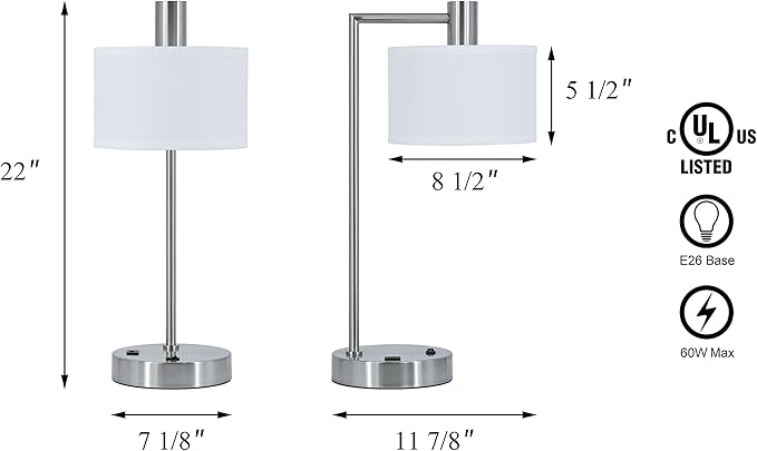XiNBEi Lighting Table Lamp USB Desk Lamp with Fabric Shade, Modern Bedside Iron Lamp Brushed Nickel Finish for Bedroom Living Room & Office XB-TL1230-BN
