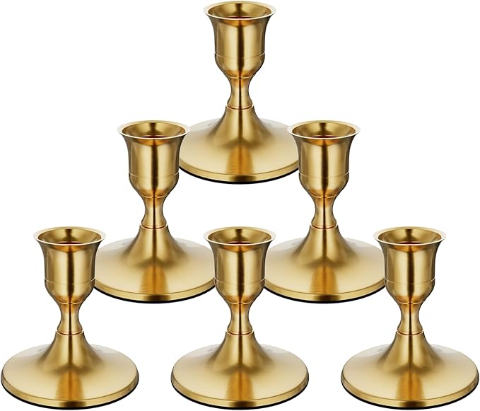 6PCS Brass Gold Taper Candle Holders, Vintage Metal Candlestick Holders for Dinner Room Table Centerpiece or Mantel Wedding Party Decor