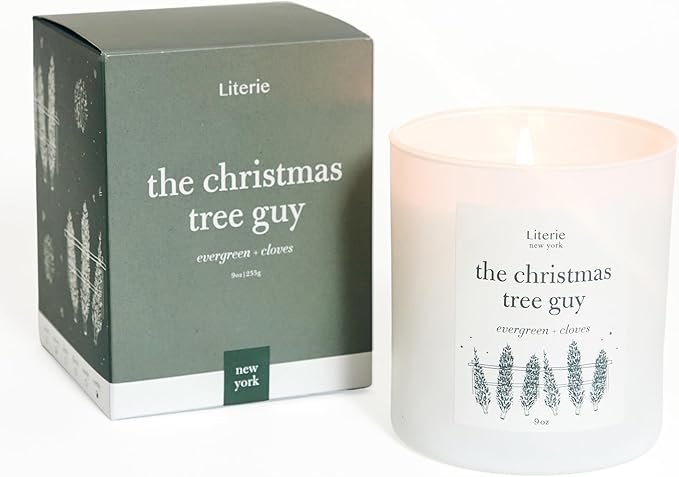 Literie NYC Inspired Scented Candle: The Christmas Tree Guy - Evergreen & Cloves Scent, 9oz, 50 Hour Burn, Vegan Soy & Coconut Blend Candle for Home Decor, Gift for Women & Men