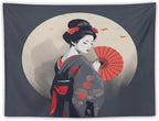 Japanese Woman Geisha Tapestry Asian Red Cherry Blossom Red Sun Traditional Kimono Folk Tapestries Home Decor for Living Room Bedroom Apartment Farmhouse Dorm 40"x30"