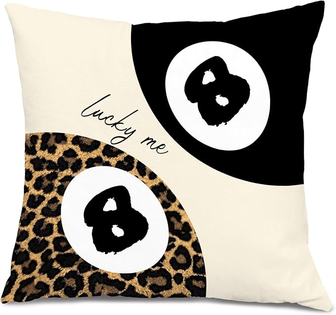 Trendy Leopard Lucky 8 Ball Pillow Covers 18x18, Cheetah Leopard Print Room Decor, Funky Preppy Leopard and Black Billiards Decorative Throw Pillow Covers for Girls Dorm Apartment