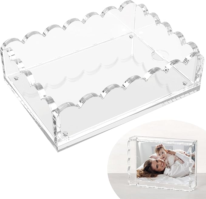 5x7in Acrylic Scalloped Tray with Magnetic Mat, Acrylic Picture Frames Fits 4x6 Photos & Smaller with Floating Effect, Freestanding Desktop Display for Livingroom, Bedroom, Office,...