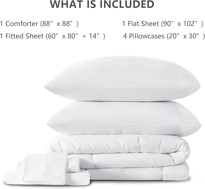 CozyLux White Comforter Queen Comforter Set - 7 Pieces Bed in a Bag Comforters Queen Size, Bedding Sets with All Season Quilted Comforter, Flat Sheet, Fitted Sheet, Pillowcases, White, Queen