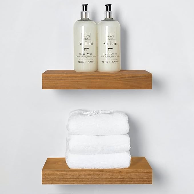 Homeforia 12 inch Golden Oak Floating Shelf, High End Solid Real Wood 12inch Small Floating Shelves for Wall Mounted, Oak Wooden 12in Floating Shelves, Heavy Duty Bracket, 12 X 6.5 X 1.75 in, Set of 2