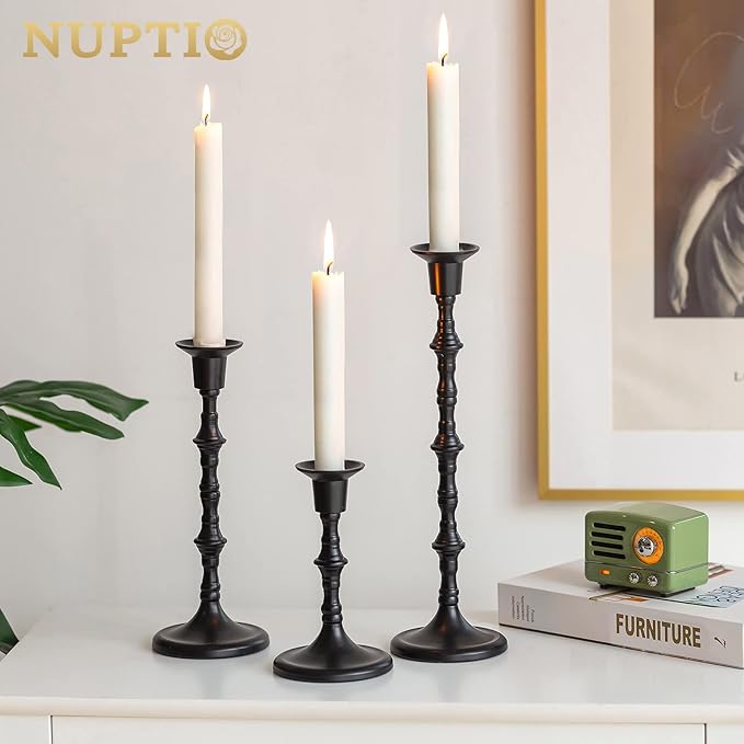 NUPTIO Candle Stick Holders for Halloween: Set of 6 Matte Black Taper Candlestick Holders - Bulk Antique Tall Candleholder for Fall Thanksgiving Christmas Kwanzaa Shabbat Table Fireplace Decor