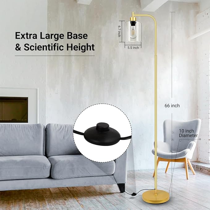 Gold Floor Lamp, Standing Lamp with Glass Lampshade, 6W LED Bulb Included, Modern Floor Lamp with Foot Switch, Industrial Floor Lamp, Bright LED Floor Lamp for Living Room and Bedroom, Office