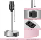 Pink Bedroom Lamp for Bedside - 3 Color Temperatures Desk Lamp with USB C and A Ports, Pull Chain Table Lamp with AC Outlet, Nightstand Lamp with Silver Metal Base for Kids Girls