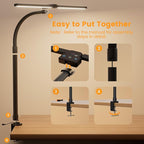 LED Desk Lamp for Home Office - 24W Computer Lamp with Remote Control, Dual Head Desk Light Bar with Clamp, 5 Color & Brightness Adjustable, Tall Flexible Task Monitor Lighting, Black