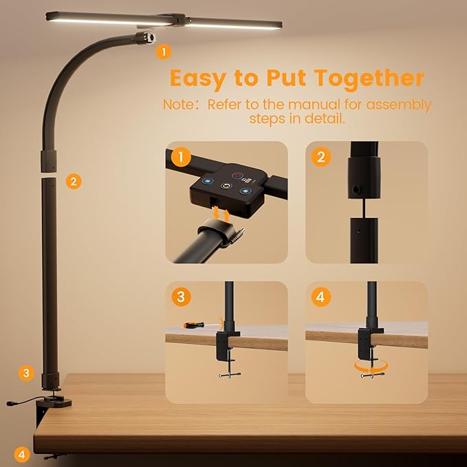 LED Desk Lamp for Home Office, 24W Computer Desk Light with Remote Control, Bright Table Lamp with Clamp Dimmable Tall Desktop Lighting with Bendable Gooseneck, Double Head, Black