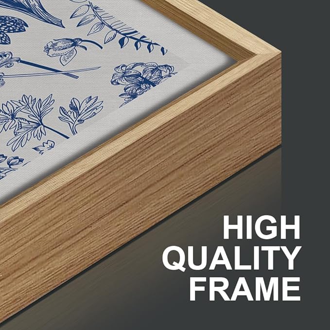 SIGNINART Classic Chinoiserie Framed Canvas Wall Art Set, Blue and White Floral Art Painting, Minimalist Botanical Flower Artwork, Navy Blue Wall Decor for Bedroom, Living Room, Office 16"x24"x3