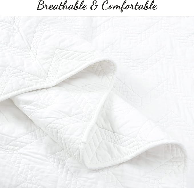 Cozy Line Home Fashions 100% Cotton Geometric Modern Zig Zag Stitch Solid White Quilt Bedding Set, Coverlet, Bedspread Lightweight for All Season (Chevron - White, Queen - 3 Piece)