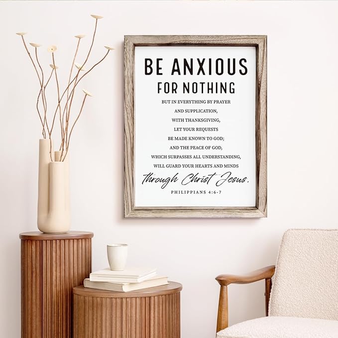 Christian Wooden Wall Signs, Farmhouse Home Decor, Christian Hanging Decor, Living Room Decors, Framed Wall Plaque Sign 15 * 11.5 inches, Be Anxious for Nothing Sign