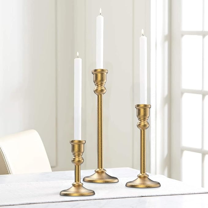 3-Piece Metal Candle Holders Set - Heavy Duty Alloy Taper Candlesticks for Table Centerpiece, Christmas, Dinner Party, Vintage Home Decor - 5-7.5 -10.3Inch Tall, Antique Gold Finish (Gold)
