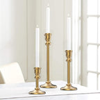 3-Piece Metal Candle Holders Set - Heavy Duty Alloy Taper Candlesticks for Table Centerpiece, Christmas, Dinner Party, Vintage Home Decor - 5-7.5 -10.3Inch Tall, Antique Gold Finish (Gold)