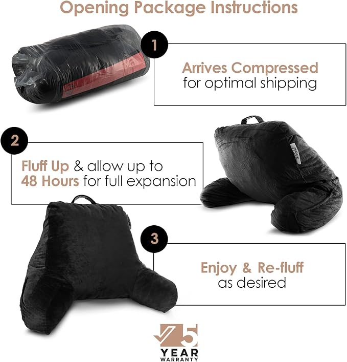 Nestl Reading Pillow Standard Bed Pillow, Back Pillow for Sitting in Bed Shredded Memory Foam Chair Pillow, Reading & Bed Rest Pillows Black Back Pillow for Bed, Bed Chair Arm Pillow with Pockets