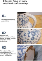 Decorative 10 inch Ceramic Flower Vase, Blue and White Floral Pattern, Crackle Glaze Finish